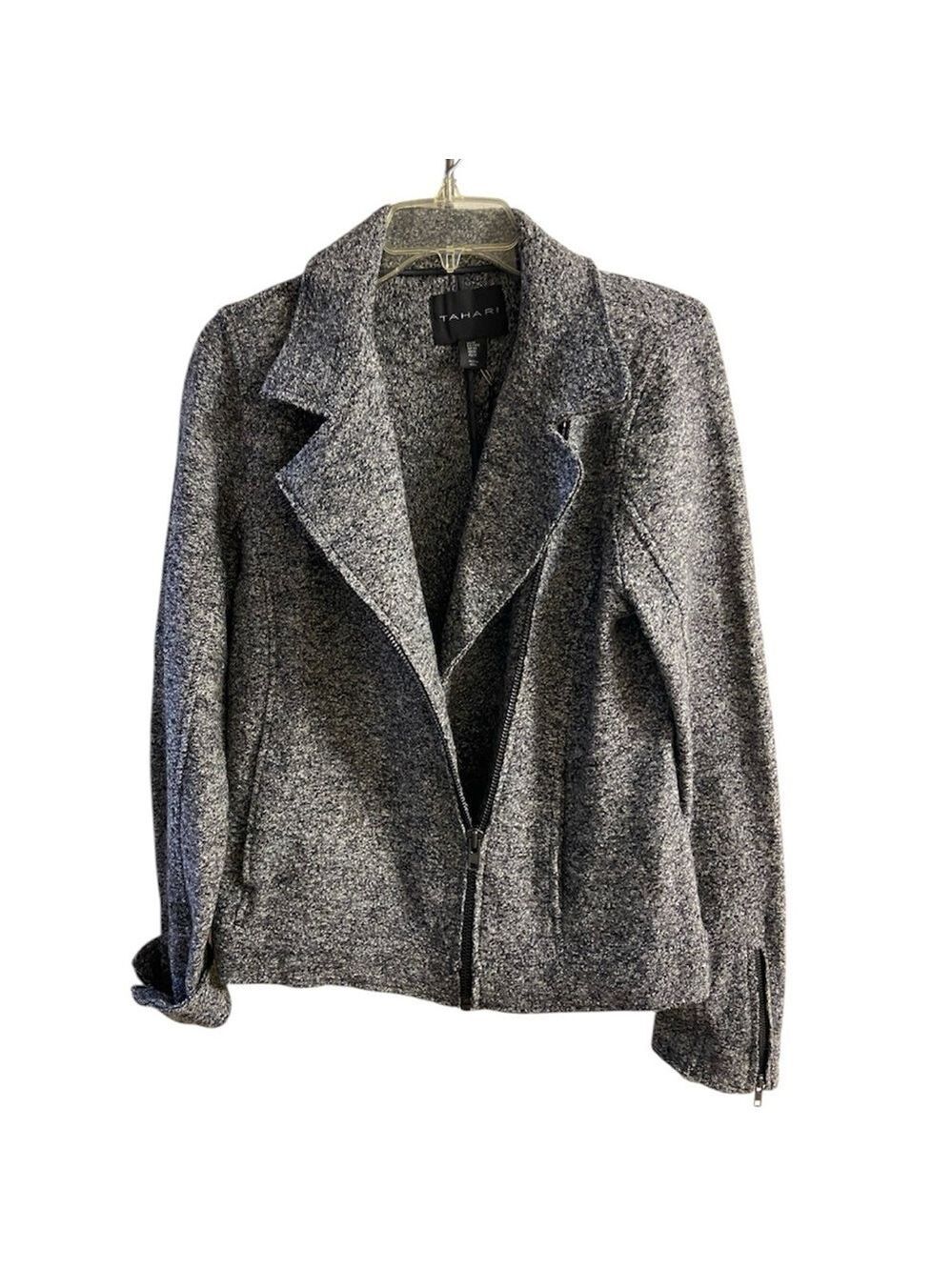 Tahari Wool Blend Moto Jacket Heather Grey Zip Front Medium NWT